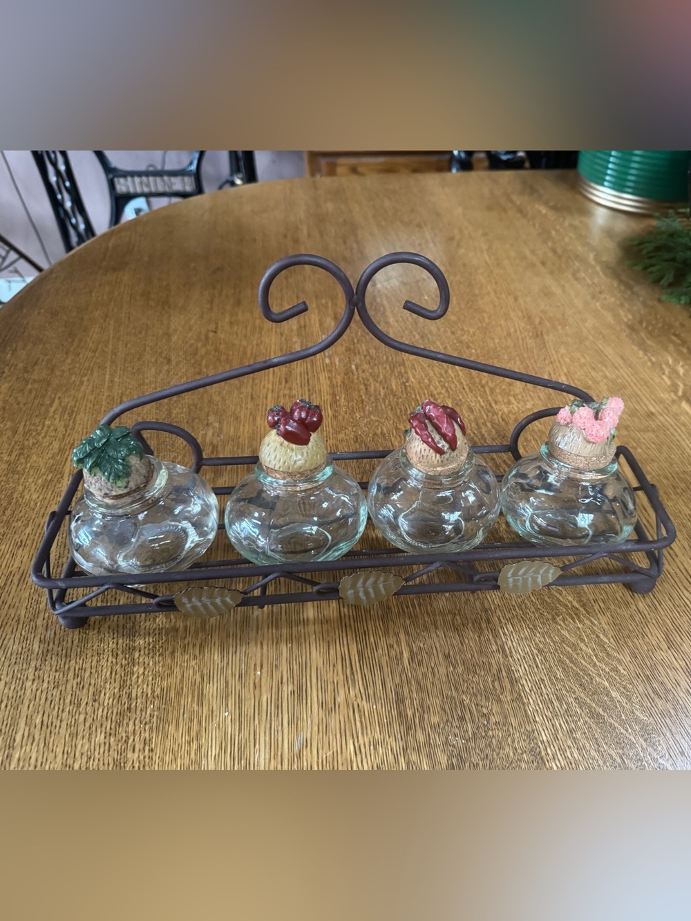 Glass Spice or herb Jar Set with Decorative Cork Toppers and Metal Carrier
